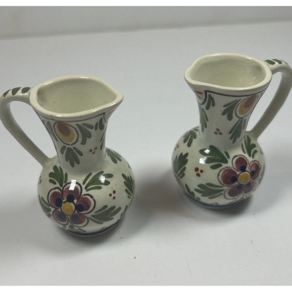 Vintage De Delftse Pauw Hand painted Polychrome Delft Mini Pitchers Pair Signed